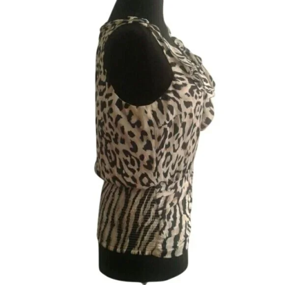 WHBM XS Blouse Leopard Print Sleeveless Ruffled Neckline Smocked Tiered Waist - Picture 4 of 8
